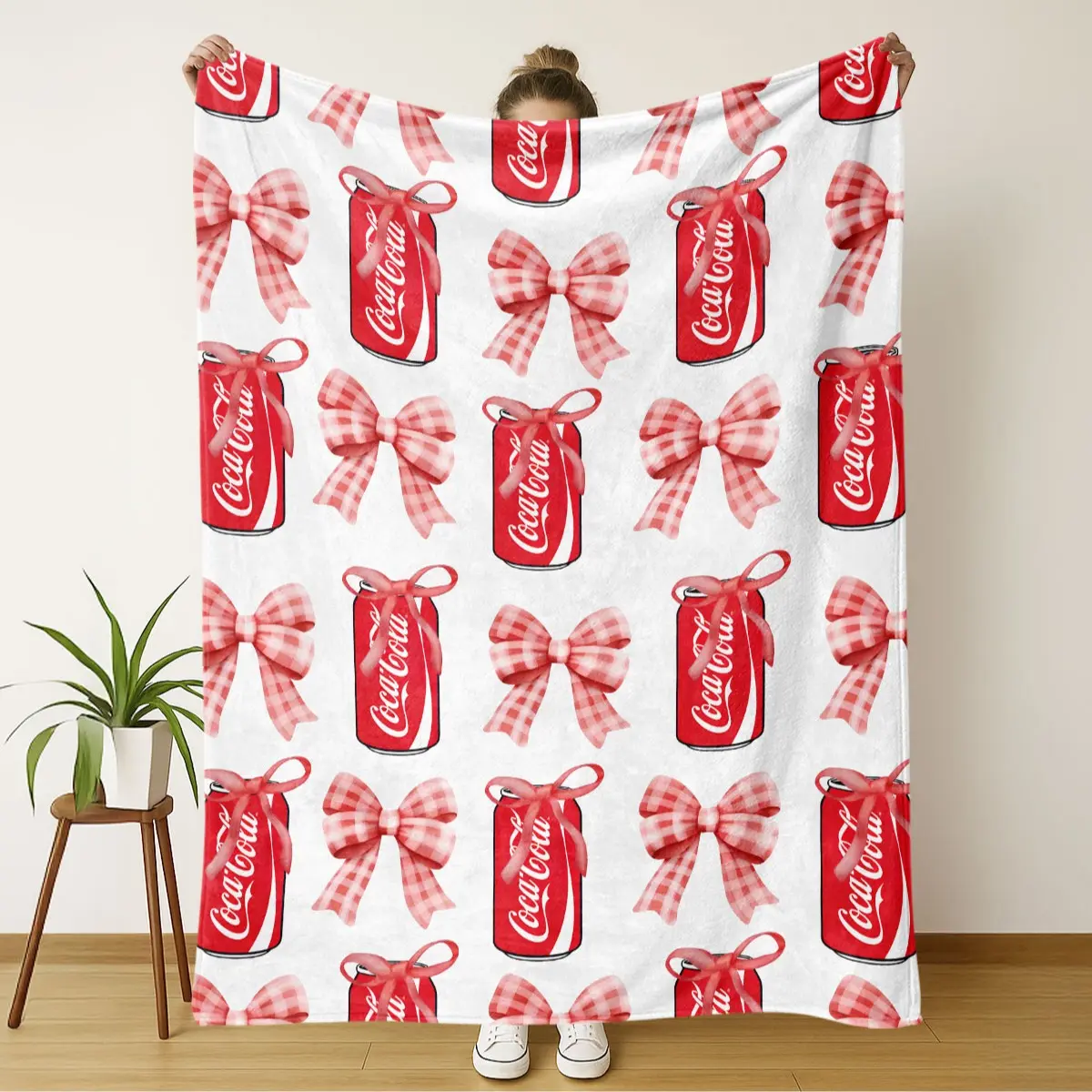 Comfortable Flannel Blanket with Coca-Cola Can & Bow Pattern, Soft and Warm, Ideal for Sofa, Bed, Car, Office, Camping, Travel