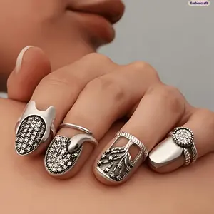 Viral Boho Nail Rings Set - 4 Pack Adjustable Open-Fit Fingertip Rings, Retro Aesthetic Nail Art Jewelry, One Size Fits Most, Trendy Hand Accessories for Daily Outfits, Festivals, Date Nights & Valentine's Day Gifts