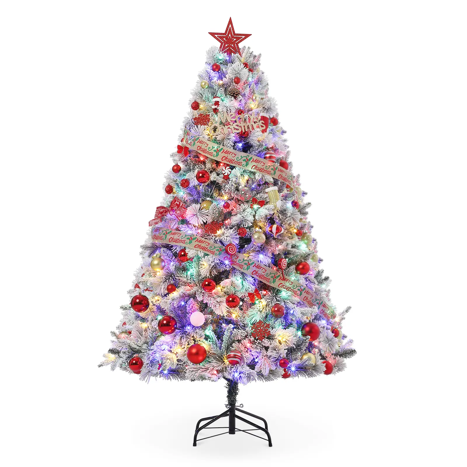 6ft Snow-Flocked Pine Tree with 850 Tips, 400 Multicolor LED Lights, White, 8 Light Modes, Prelit Artificial Christmas Tree