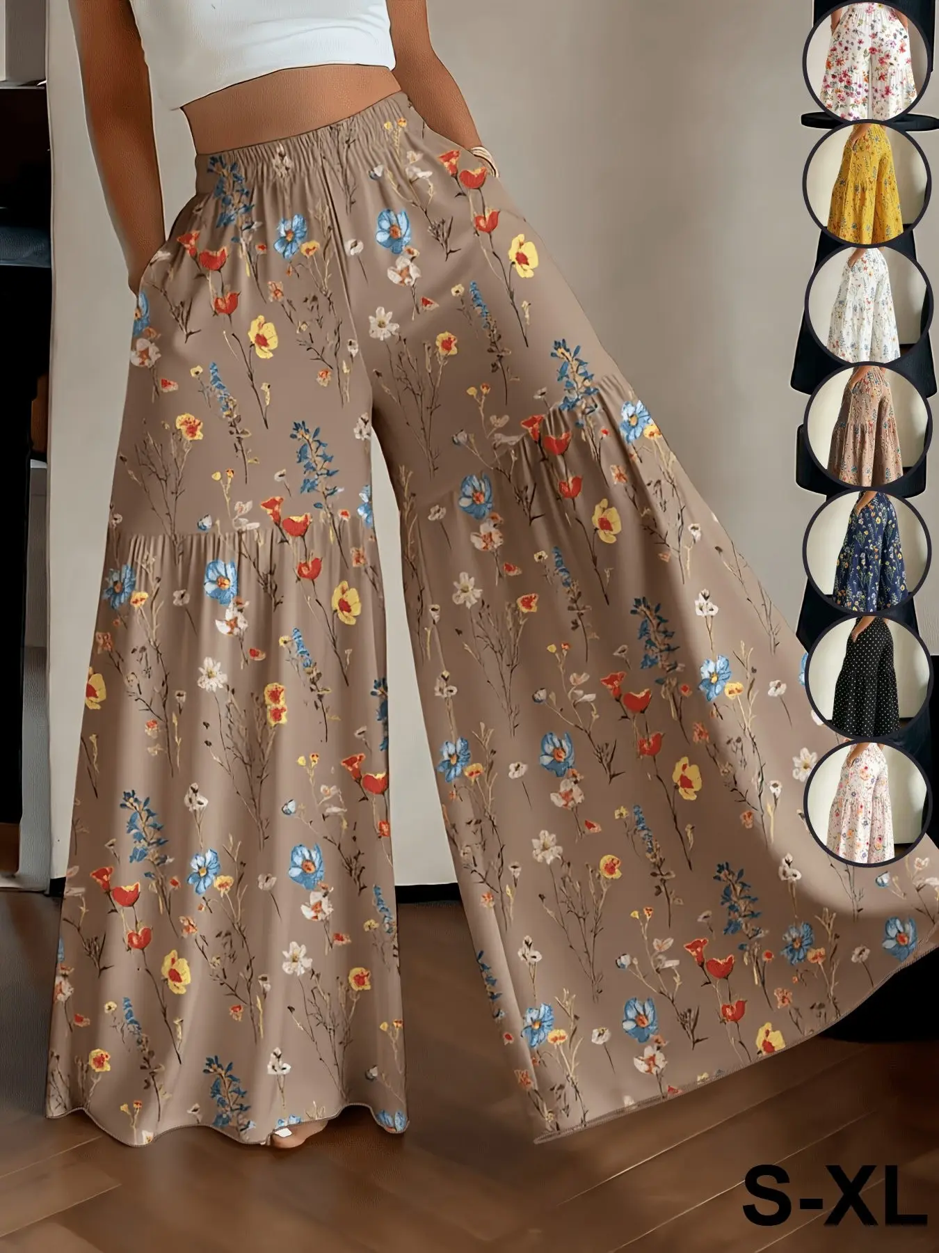Women's French Country Ditsy Floral Print Wide-Leg Trousers, High-Waisted Flowing Pants, Summer Vacation Casual Chic Style, Comfortable Loose Fit with Pockets