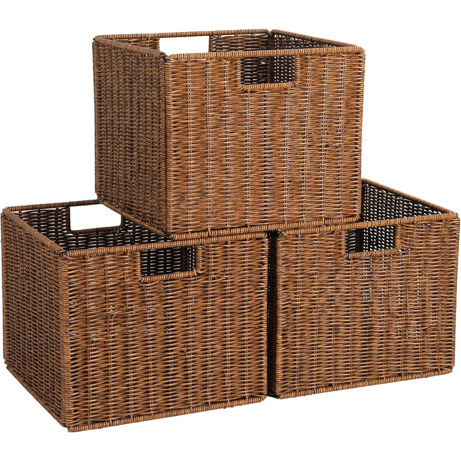 Woven Wicker Plastic Storage Basket Set - 12x12x10in Large Cube Organiser for Kitchen Shelves, Pet Supplies Organization (Brown)
