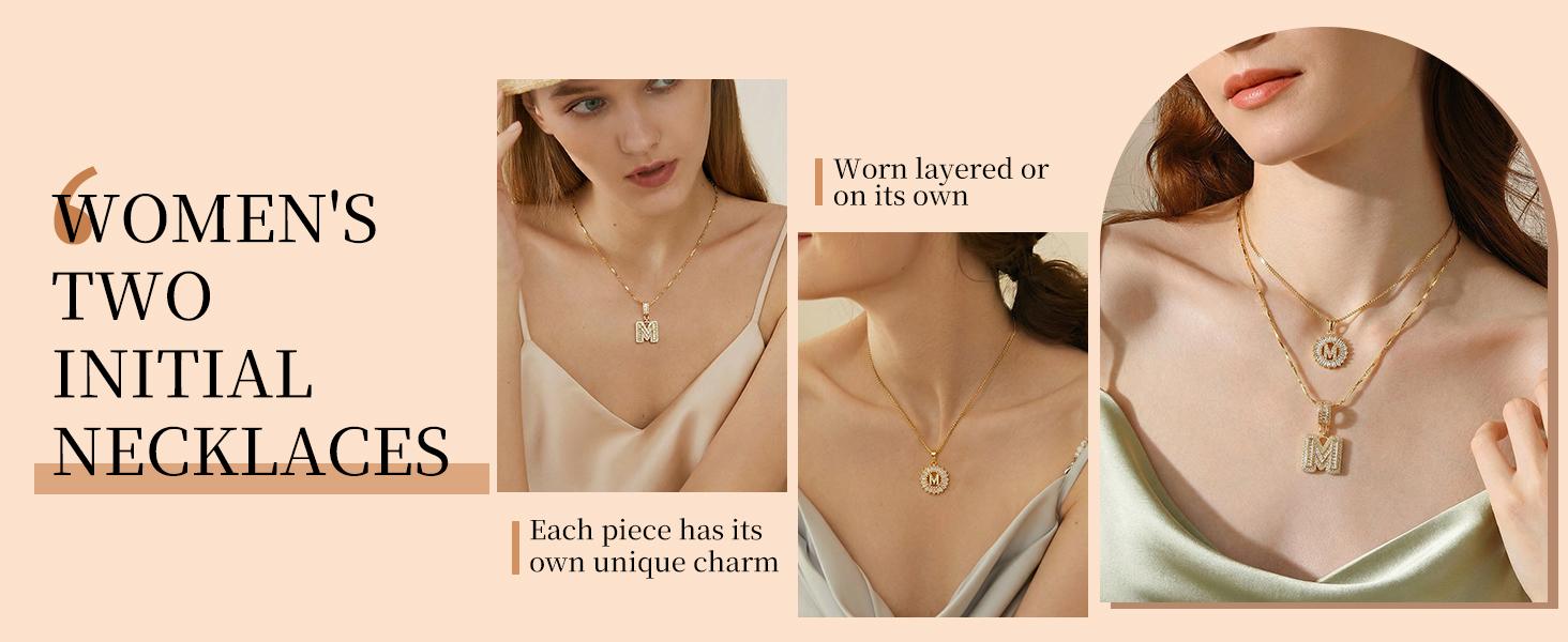 2 Pack 14K Gold Plated CZ Initial Necklaces for Women, 26 Letters Personalized Name Jewelry, Double Layer Couple Necklace Set, Perfect for Birthday & Mother's Day Gifts, Suitable for Banquets, Parties & Daily Wear