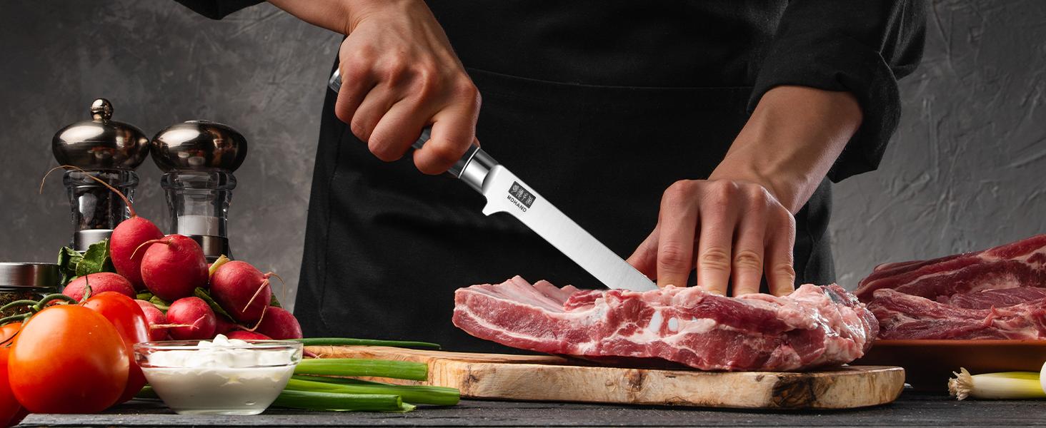 MDHAND Chef Knife Set with Roll Bag, 9PCS Professional Knife Sets with Sharpener, High Carbon Stainless Steel Japanese Kitchen Knives - Black Pakkawood Handle, Dishwasher Safe, For Cooking, Chef Gifts