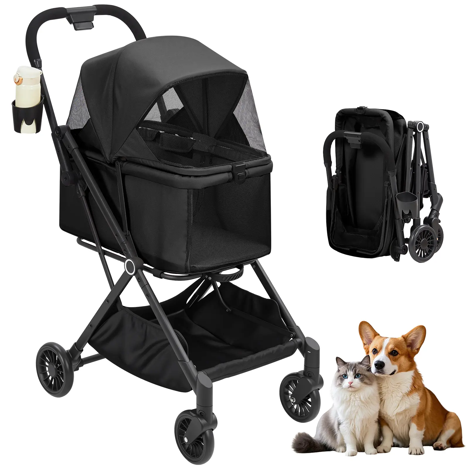 Lightweight Collapsible Pet Stroller for Small and Medium Dogs or Cats – 360° Shock-Absorbing Wheels – Breathable Mesh Canopy – Large Storage Basket – Easy Assembly – Ideal for Walking and Travel