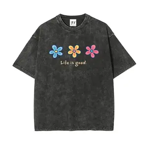 Life is good Cute Casual Three Flowers Unisex Plus Size Summer Graphic Tees Personalized Pattern Y2k Clothing Round Neck Short-Sleeved Washed T-Shirt,Women's Clothing 100% Cotton, Menswear, Top, Vintage Style, Casual Oversized