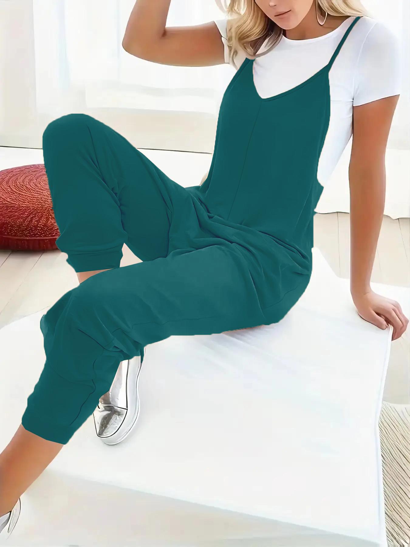 Women's Plain Pocket V Neck Overalls Jumpsuit without Tee, Casual Sleeveless Spaghetti Strap Cami Overalls Jumpsuit for Daily Wear, Ladies Clothes for All Seasons, Womenswear