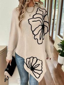 women's floral pattern asymmetrical hem batwing sleeve sweater, casual pastel long sleeve round neck jumper for fall & winter, fashion ladies' knitwear for daily wear