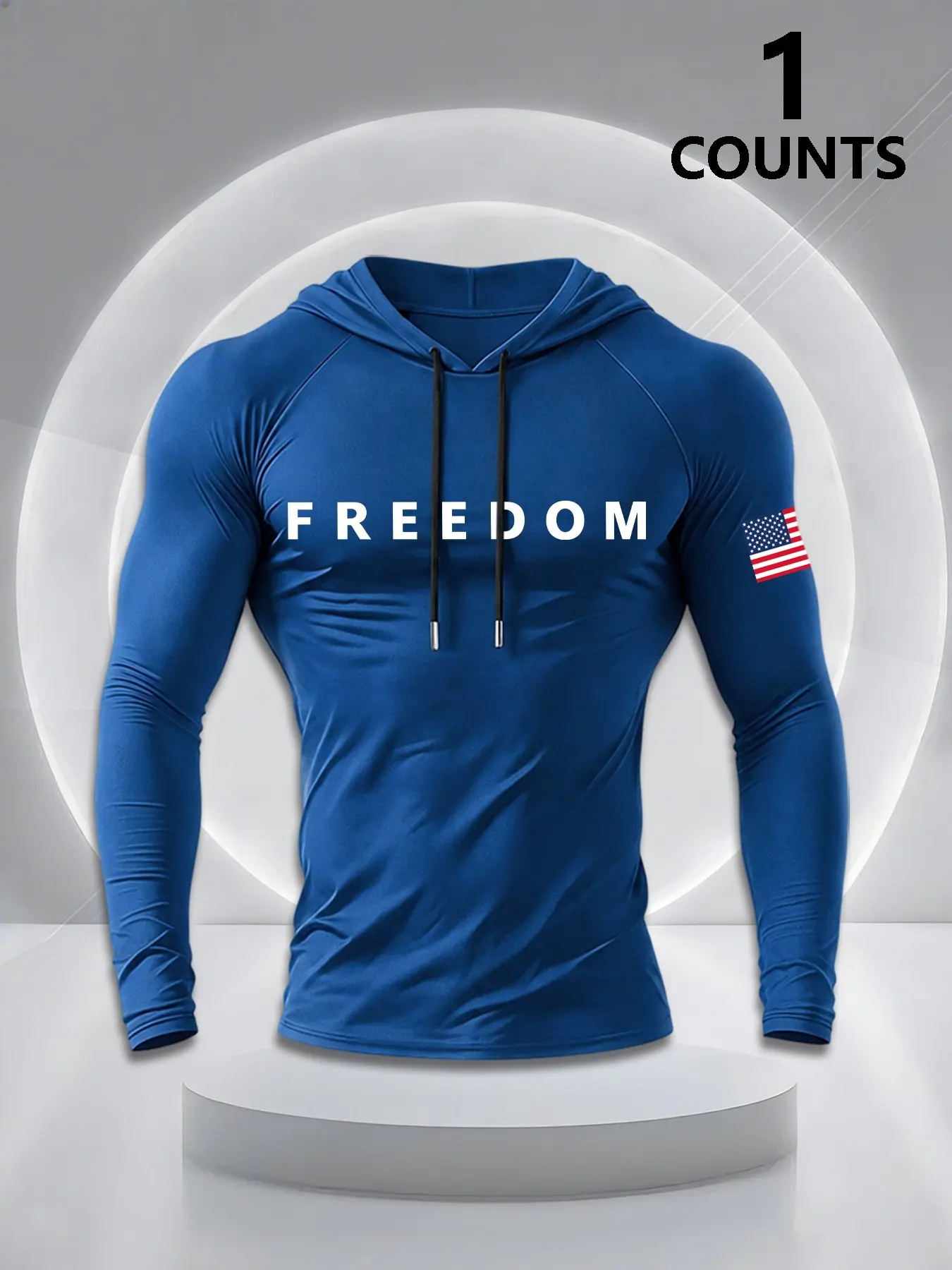 Men's Letter American Flag Print High Elastic Slim Fit Hooded Long Sleeve Pullover, Quick Dry Shaping Hoodie, Casual Fitness Top