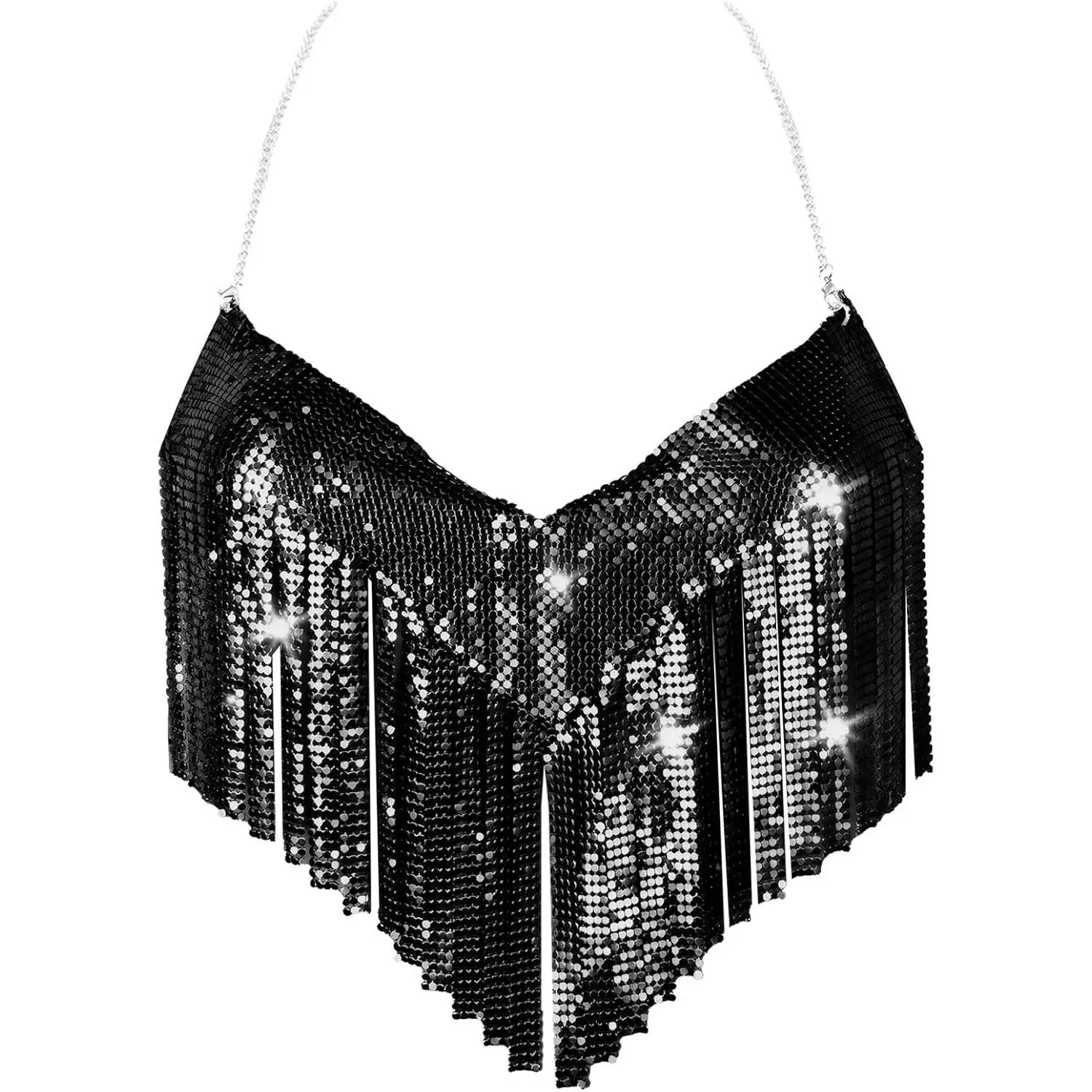 Metal Sequins Halter Backless Top Harness Bra Tassel Chest Body Costume Party Nightclub