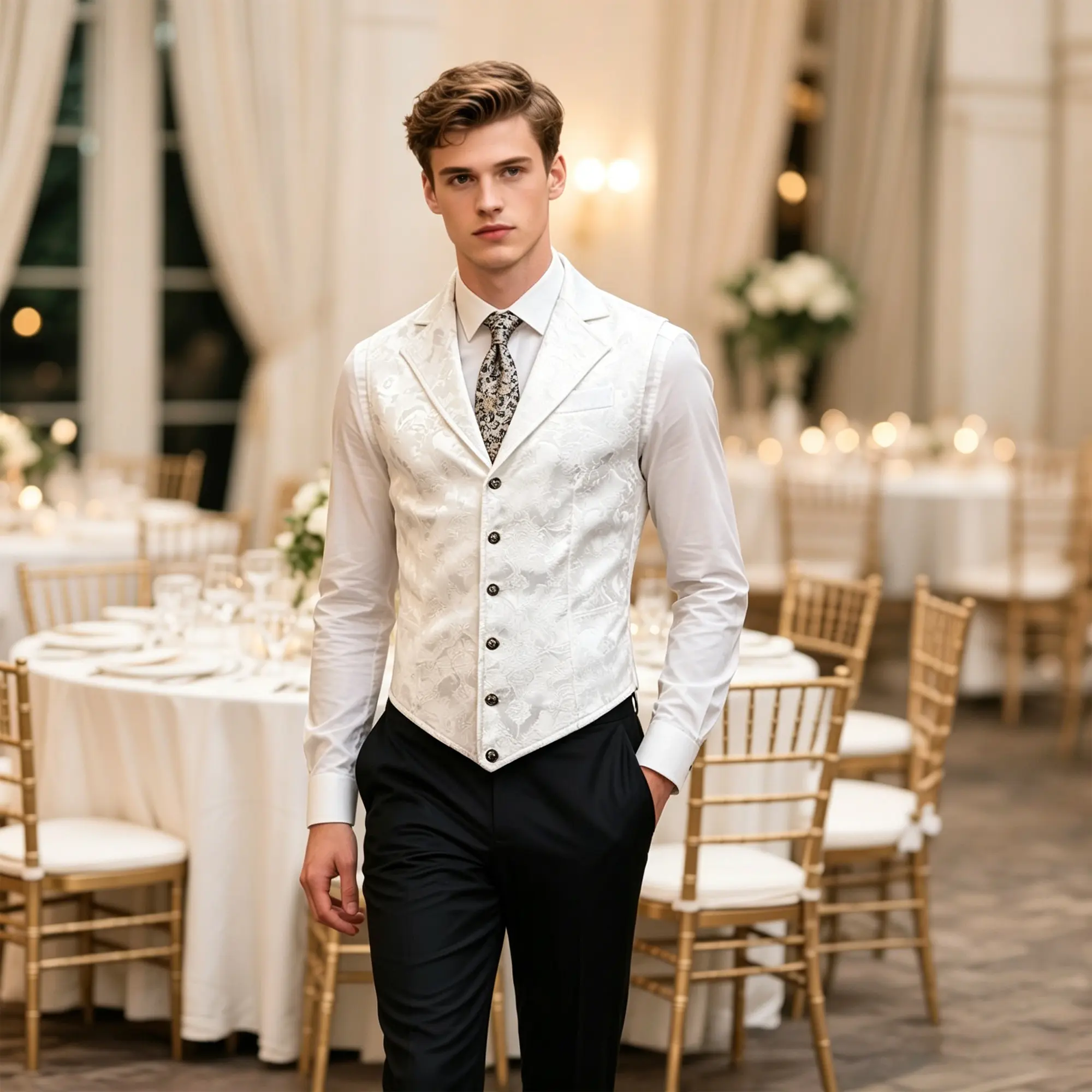 Men's Gothic Long Vest, Medieval Jacquard Single-Breasted Waistcoat, Vintage Formal Costume for Prom & Stage Wear, Menswear, Smooth, Classic, Plain, Elegant, Fabric, Retro, Festive, Fitted Cut, Dry Clean, Gothic Chic, Jacquard Pattern, Formal Events, Smoo