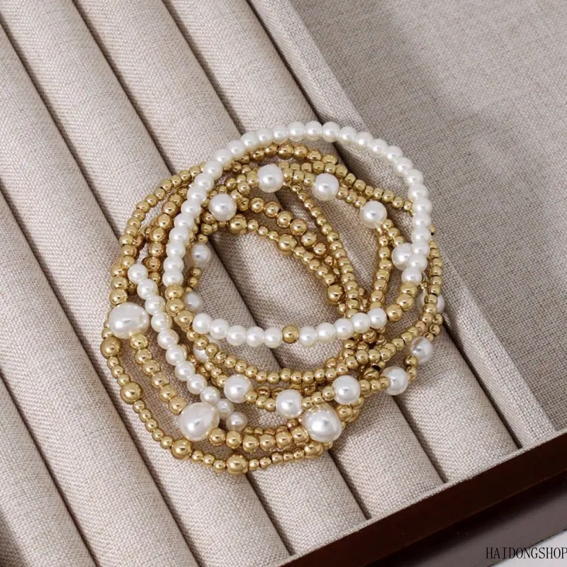 Coquette Viral Dopamine Quiet Luxury CCB Faux Pearl Round Bead Bracelet Set For Women, Niche Stackable Layered Wrist Jewelry, Dainty Accessory For Dating Picnic Shopping Daily Outfit Styling trendy fashion anniversary religious faith gold-plated