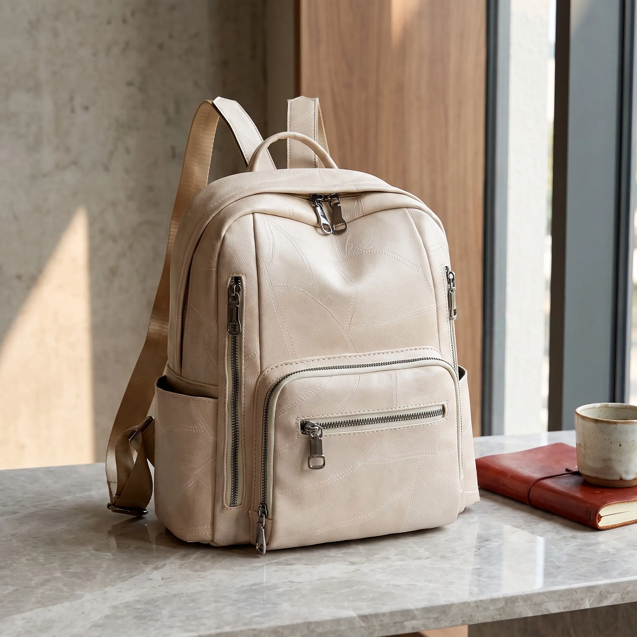 Soft Leather Women s Backpack for Casual Travel Light Trendy Everyday Bag with Laptop Compartment Phone Pocket Hidden Zipper Pocket ID Pocket Structured Outer Pocket Double Shoulder Straps Roomy Interior Compartments Simple Korean Style Fashion Outgoing