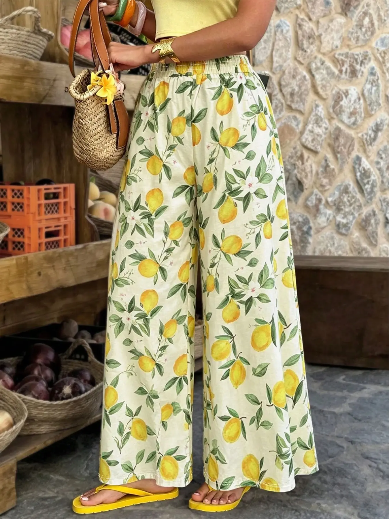 Women's Lemon Print Wide Leg Pajama Pants, Lightweight Breathable Sleepwear, Loose Fit Casual Comfort, Spring & Fall Fashion