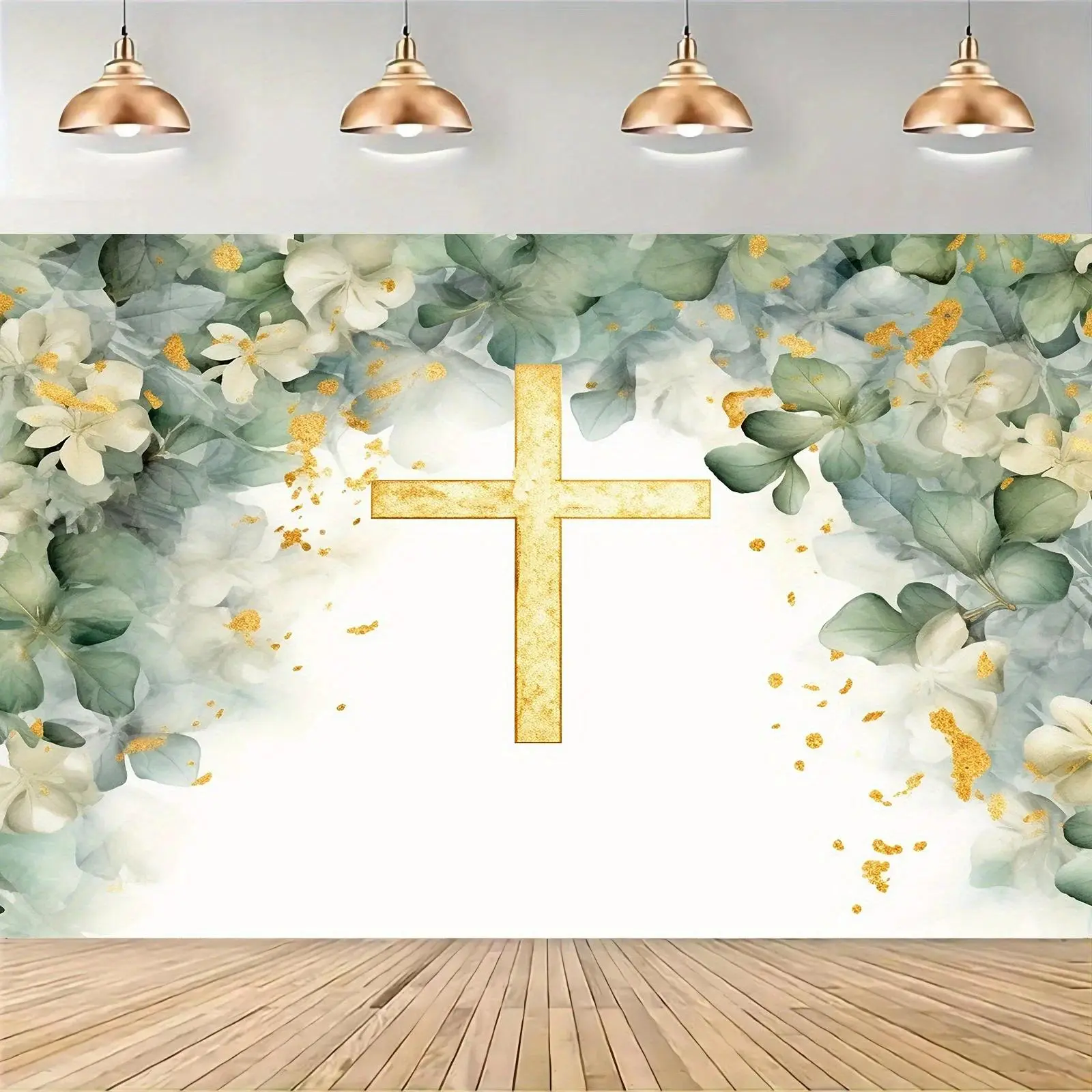 Formal Floral Golden Cross Polyester Church Tapestry - Baptism Backdrop Banner, Religious Ceremony Photography Background, Easter/Independence Day Event Decor (Indoor-Outdoor Photo Booth Wall Supplies with Prints)