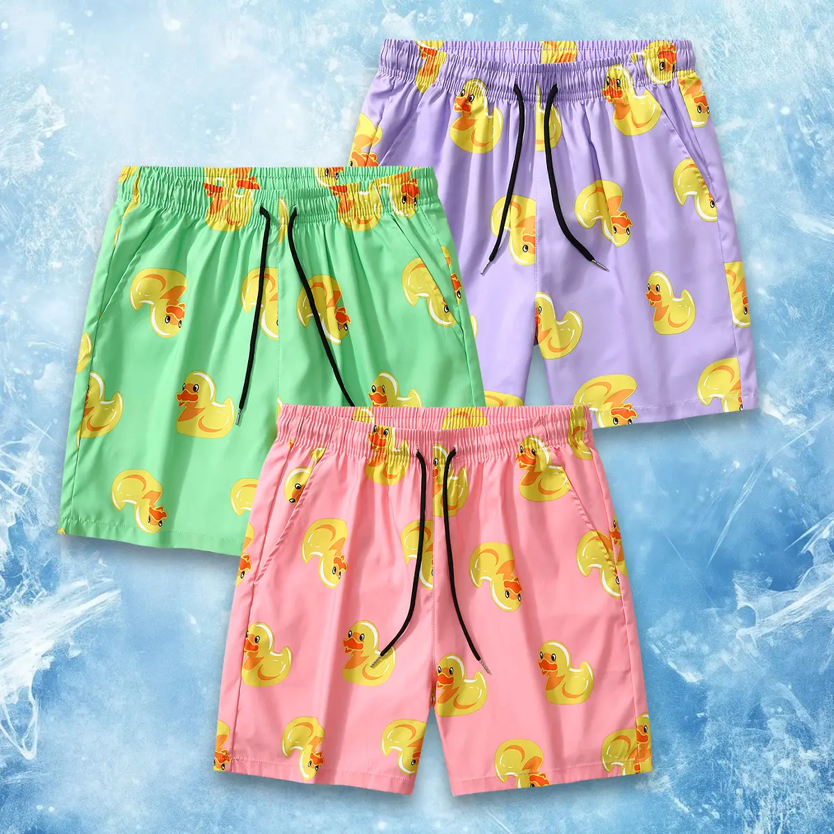 Men's printed yellow duck elastic drawstring waist beach five quarter shorts, loose and lightweight knee length shorts, suitable for cute street and vacation styles.