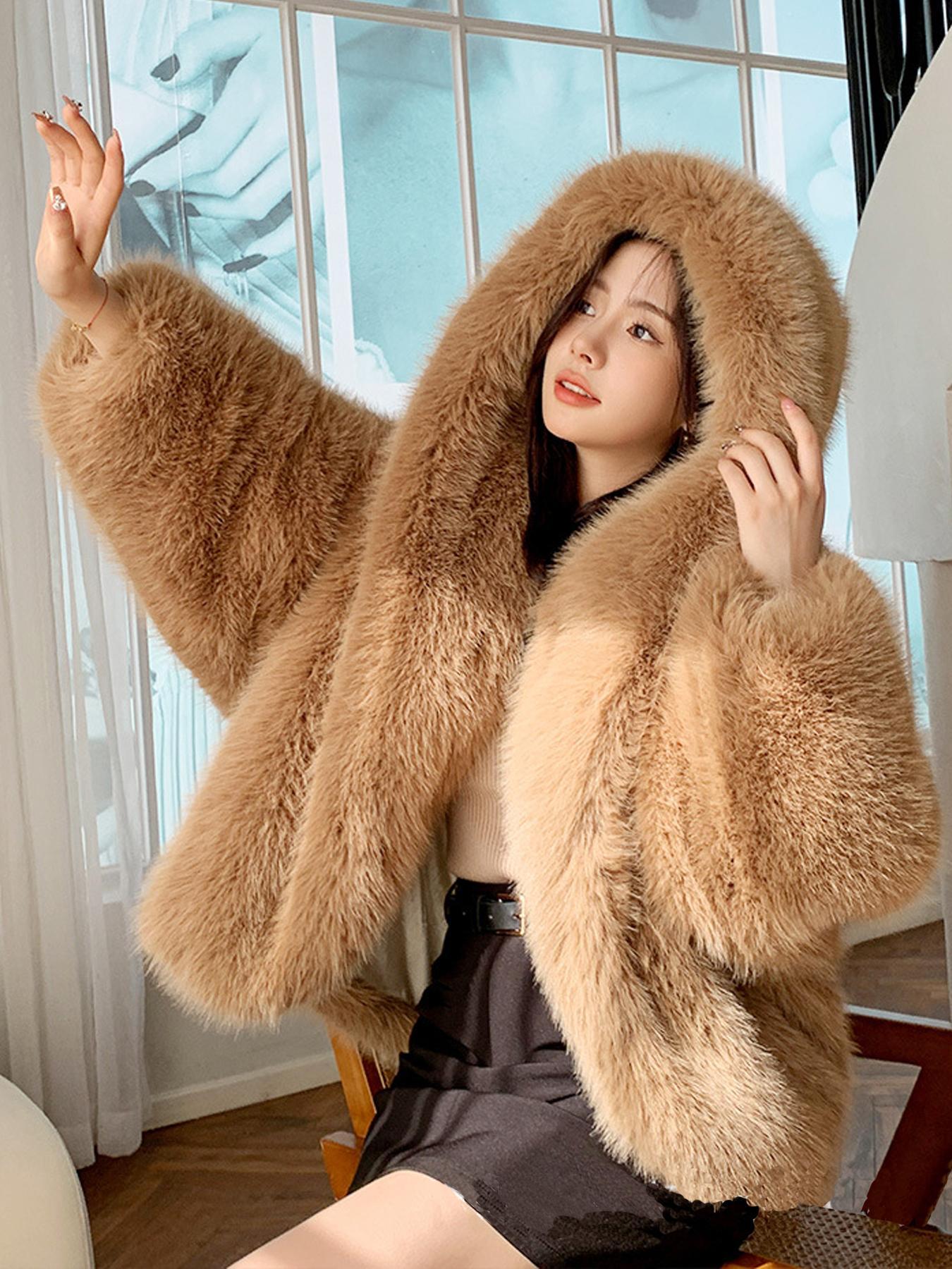 Women's Solid Color Hooded Faux Fur Coat, Casual Loose Long Sleeve Thermal Jacket for Fall & Winter, Women's Clothing for Daily Wear