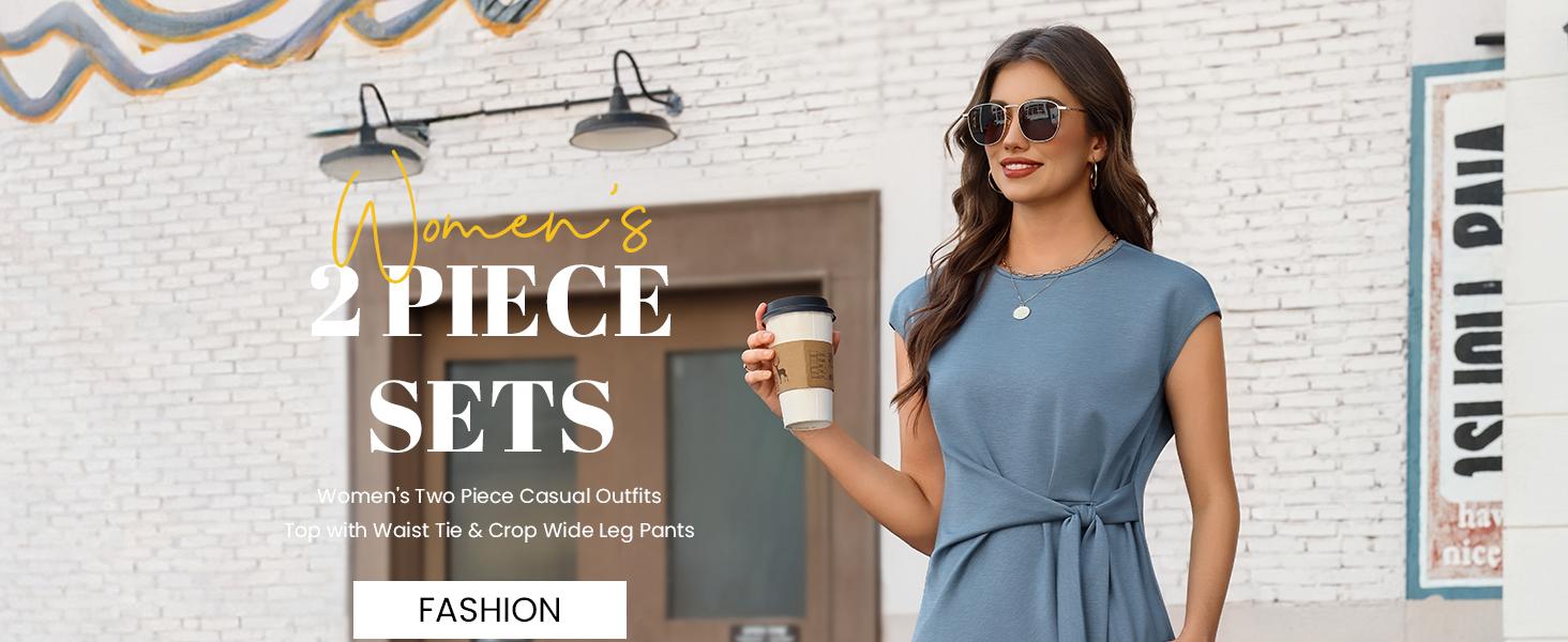 Casly Lamiit Women's 2 Piece Set - Soft Fabric Round Neck Cap Sleeve Top with Belted Tie & Crop Wide Leg Pants - Versatile Travel & Everyday Wear #Springfresh