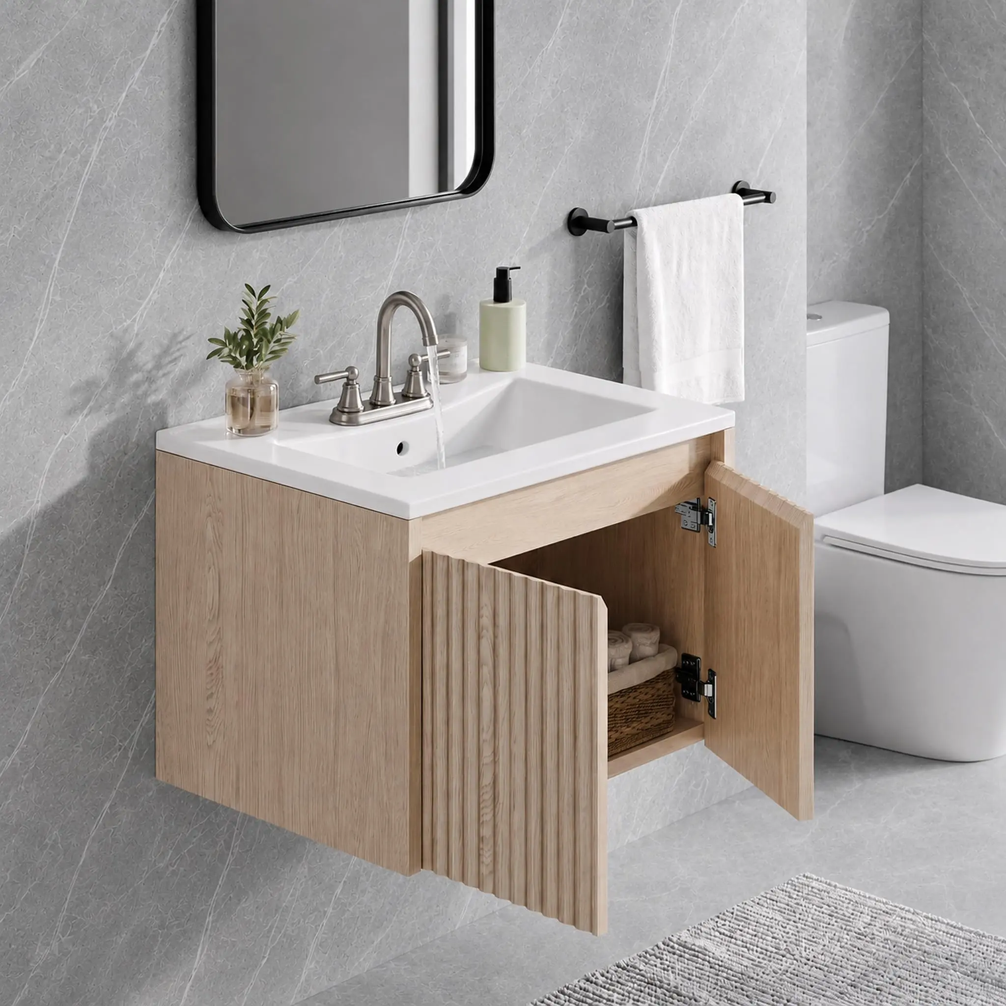 24 Inch Floating Bathroom Vanity with Sink, Wall Mounted Double Door Vanity Set with Waterproof PVC Wavy Board and White Ceramic Basin, Available in Natural Wood or Black Finish, Modern Rustic and Space Saving Design