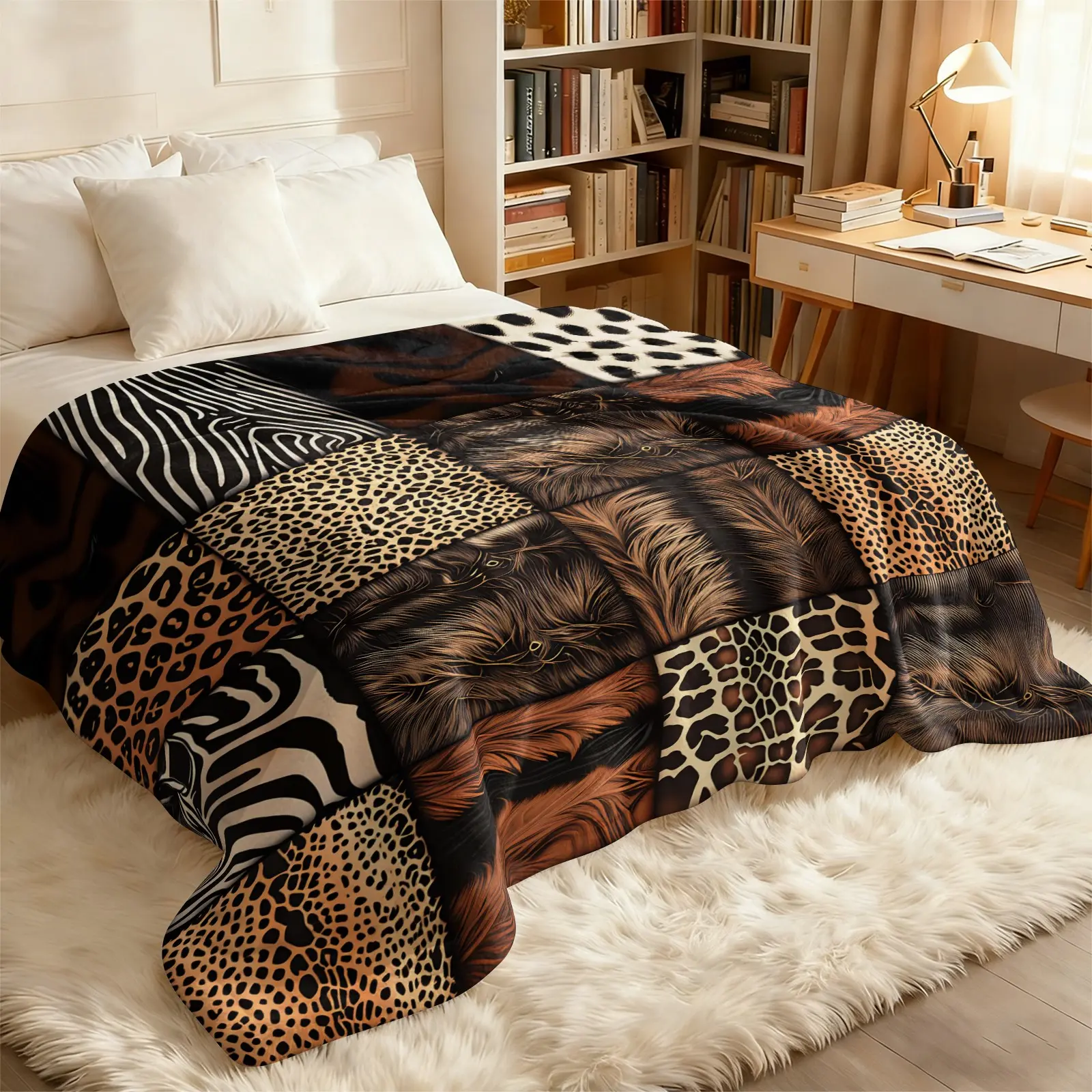 Spliced Leopard And Zebra Print Cozy Flannel Blanket, Cozy Throw Blankets, Lightweight Warm For Sofa & Bed Decoration, Machine Washable And Durable Multi-Purpose Blanket, Suitable For Home, Outdoor Camping And Car Use With Decor