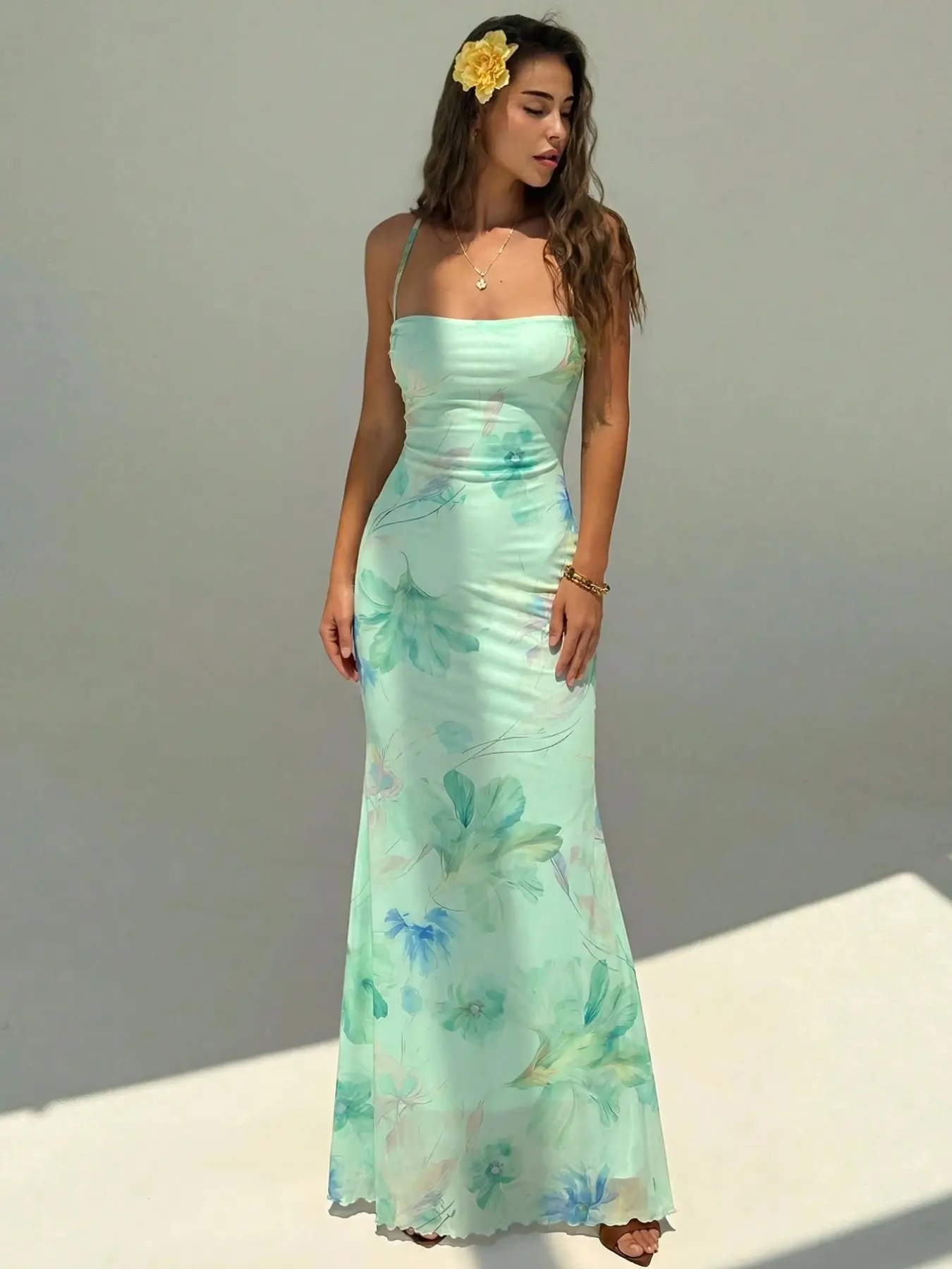Elegant Backless Print Dress for Women, Summer Tropical Beachwear, Boho Style Wedding Guest Dress, Party Dress