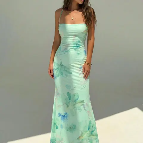 Elegant Backless Print Floral Dress for Women, Summer Beachwear, Boho Style Wedding Guest Dress, Party Dress