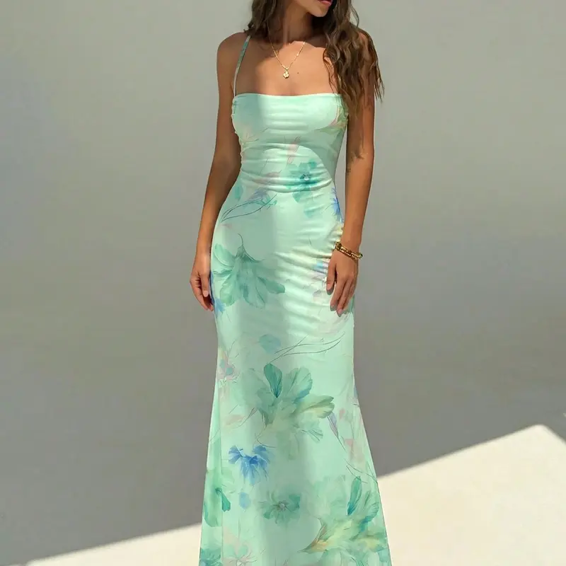 Elegant Backless Print Floral Dress for Women, Summer Beachwear, Boho Style Wedding Guest Dress, Party Dress