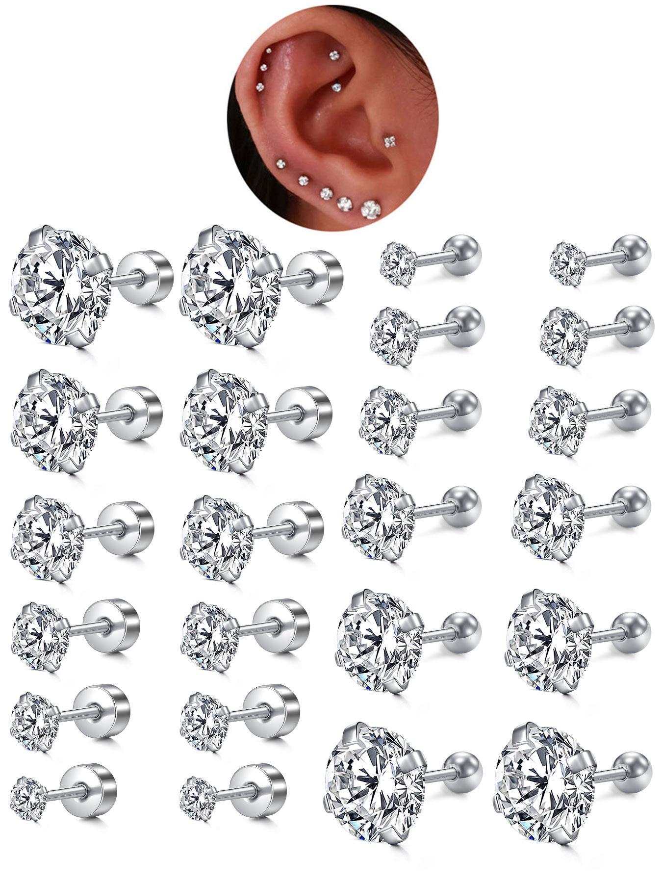 Unisex Rhinestone Decor Stud Earrings, Sparkling Ear Jewelry, 12 Pairs Stainless Steel Cartilage Earrings for Women & Girls, All-match Jewelry As Birthday Gift, Stud Earring Sets, Ear Studs, Earring Pack