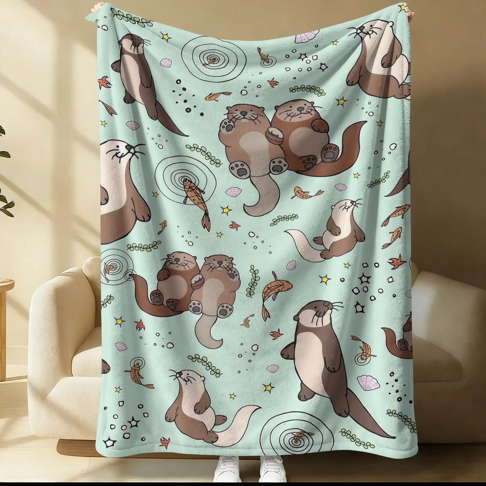 Cute Cartoon Otter Pattern Blanket, 1 Soft And Comfortable Single-Sided Printed Plush Blanket, Suitable For Sofa, Office, Travel, Outdoor Camping