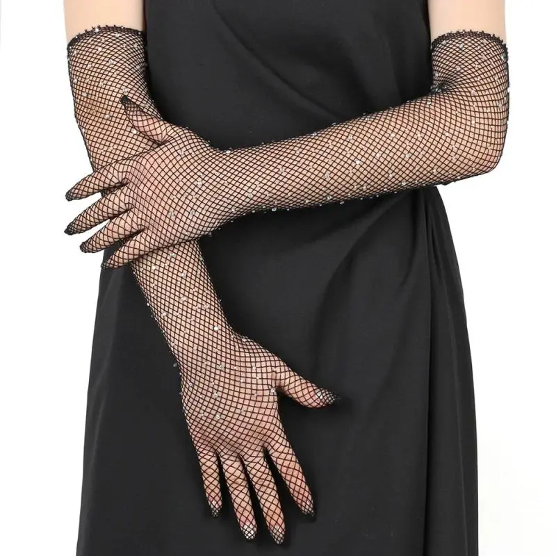 European and American Style Rhinestone Vintage Mesh Gloves Clothing Accessories Sexy Nightclub Fishnet Elastic Long Gloves