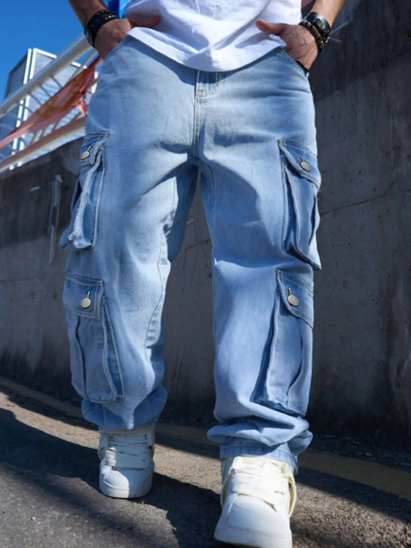 Men's Plus Size Light Wash Multi Pocket Cargo Denim Jeans, Streetwear Loose Straight Jeans, Daily Outdoor All Season Wear