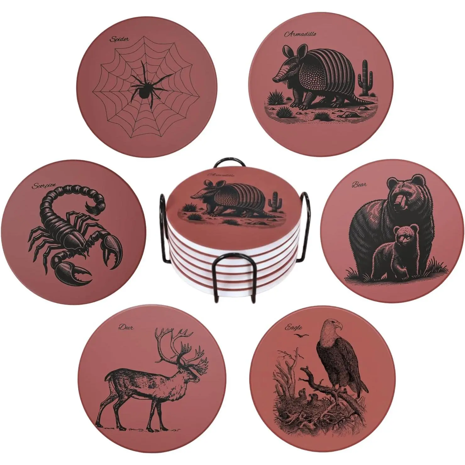 Ceramic  Coasters Set of 6,Brown Bar Coasters for Drinks with Holder | Retro style.Low-density lightweight material.Protects the desktop.Can be  as a decorative item or .