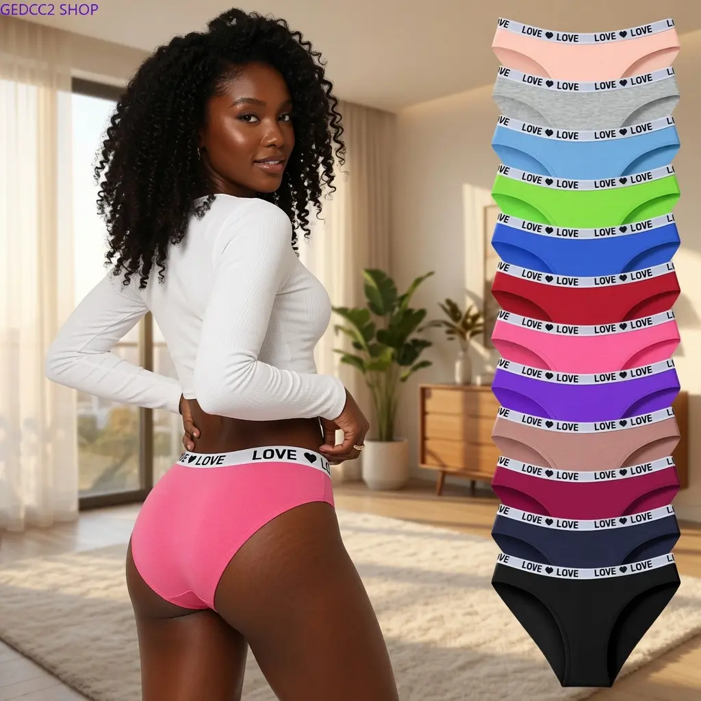 Hotcom Women Color Block Letter Print Brief Panties, 7/10/12-Pack Soft Stretchy Cotton Underwear, Breathable Secure Fit Elegant Stitch Ladies Undies, All-Day Comfort Stylish Everyday Intimate Wear