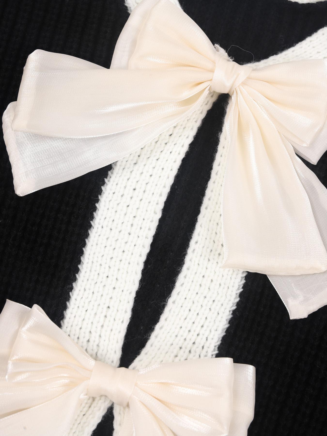 Women's Colorblock Bow Decor Contrast Binding Drop Shoulder Sweater, Elegant Long Sleeve Jumper for Fall & Winter, Fashion Ladies' Knitwear for Daily Wear Tops, Knit Sweater Clothing