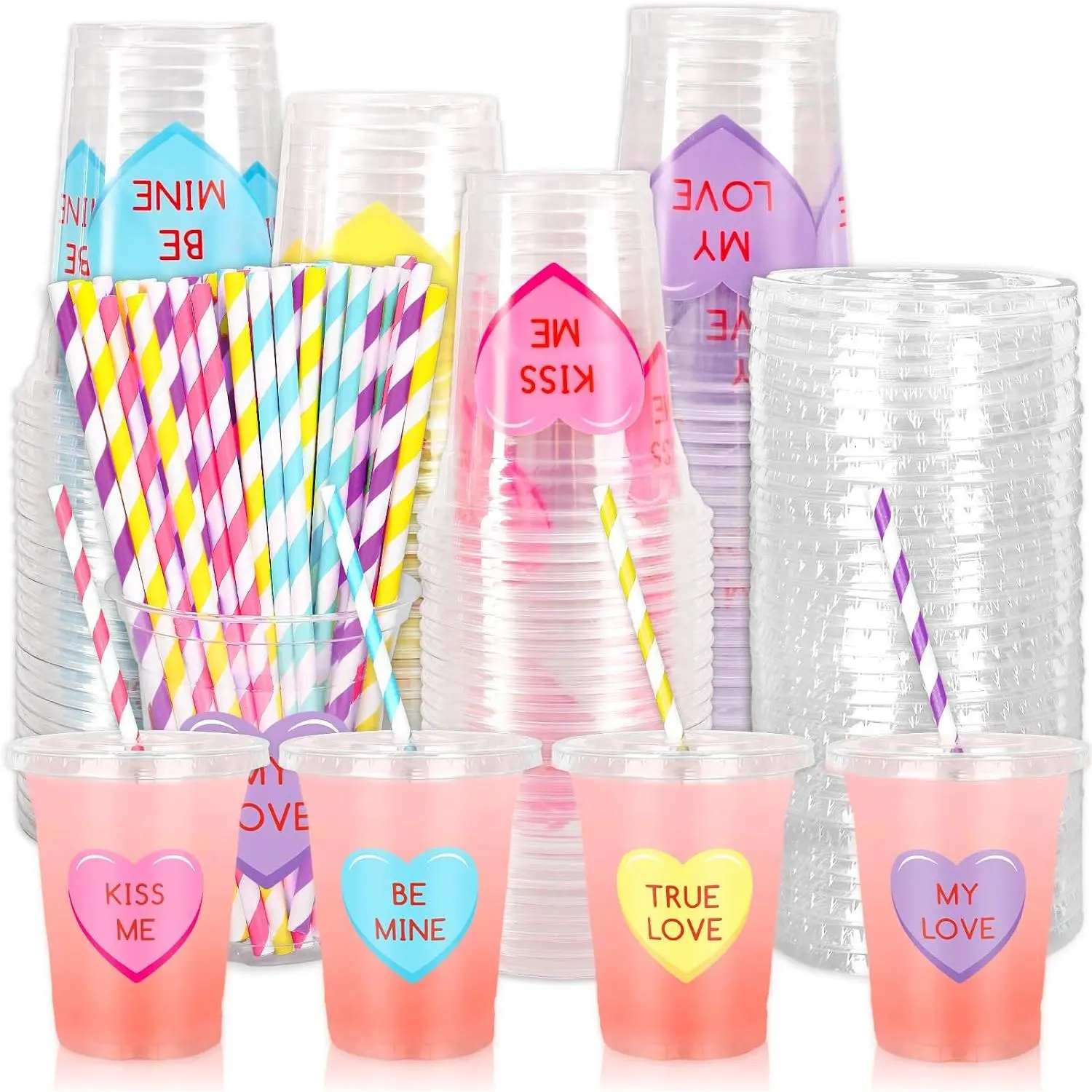 100 count Valentine's Day Plastic Cups with  and Straws 12oz Conversation Heart Disposable Candy Conversation Heart Cold Beverage Drinking Cup for Valentines Wedding Birthday Party Supplies