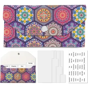 PU Leather  Envelopes Wallet,   Savin Wallet, Cute Budget Envelope with 4 Dividers & 1 Sheets Budget Labels Colorful Mandala Tile
