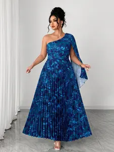 Women's Plus Size A-Line Printed Dress, Cape Sleeves, Asymmetrical Neckline, Ruched Hem, Perfect for Parties, Events, Dates