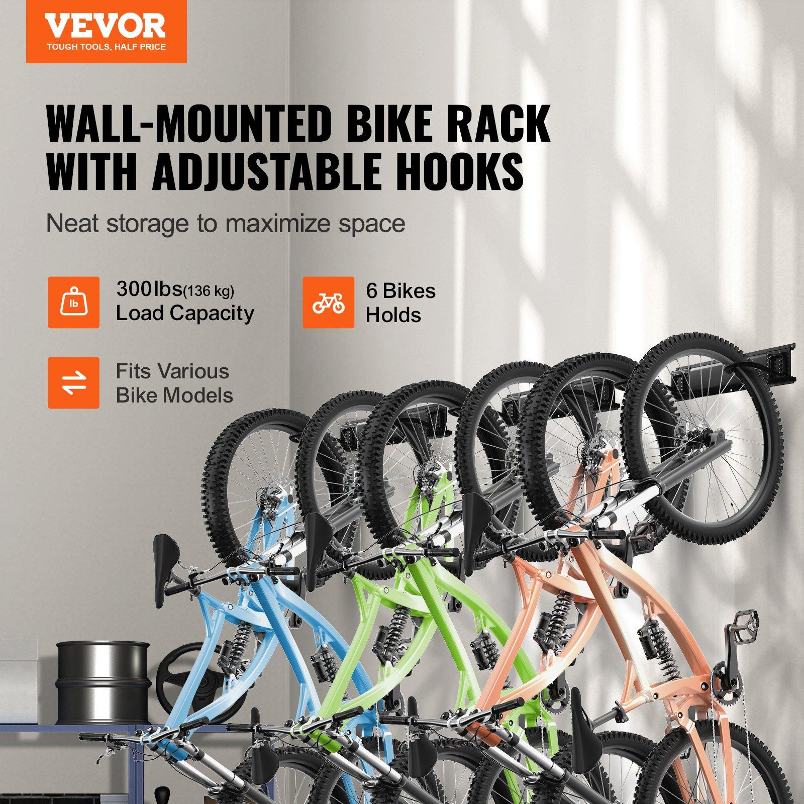 VEVOR Bike Storage Rack, 6 Bike Racks and 3 Helmets Hooks, Wall Mount ...
