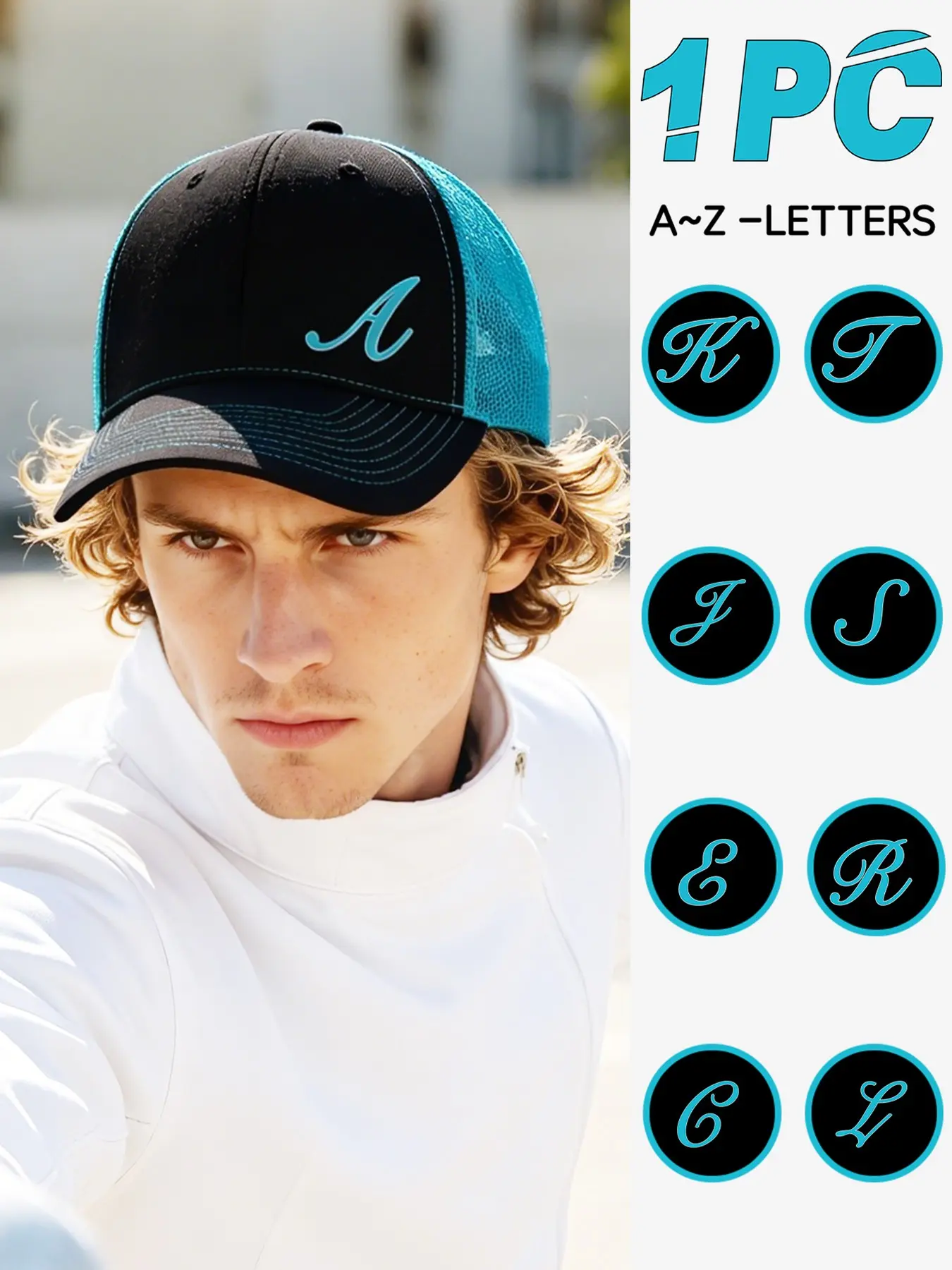 1PC men's and women's letter-printed trucker hat, with 26 letters available for selection, a multi-color, breathable mesh, Adjustable snapback strap baseball cap versatile for daily commuting, outdoor outings, hiking
