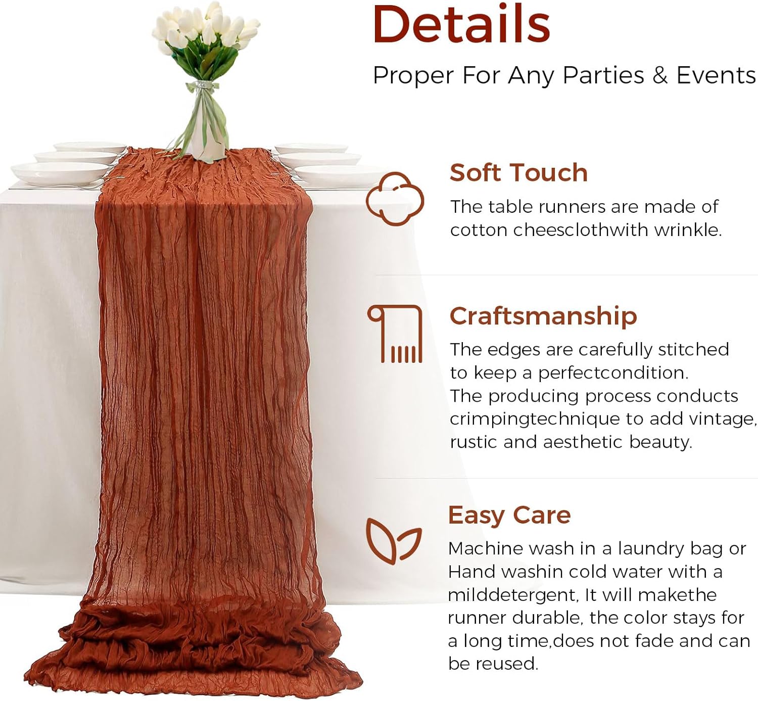 Boho Rustic Cheesecloth Table Runner Soft Polyester Gauze with Flowing Texture Machine Washable Farmhouse Home Decor for Dining Room Wedding