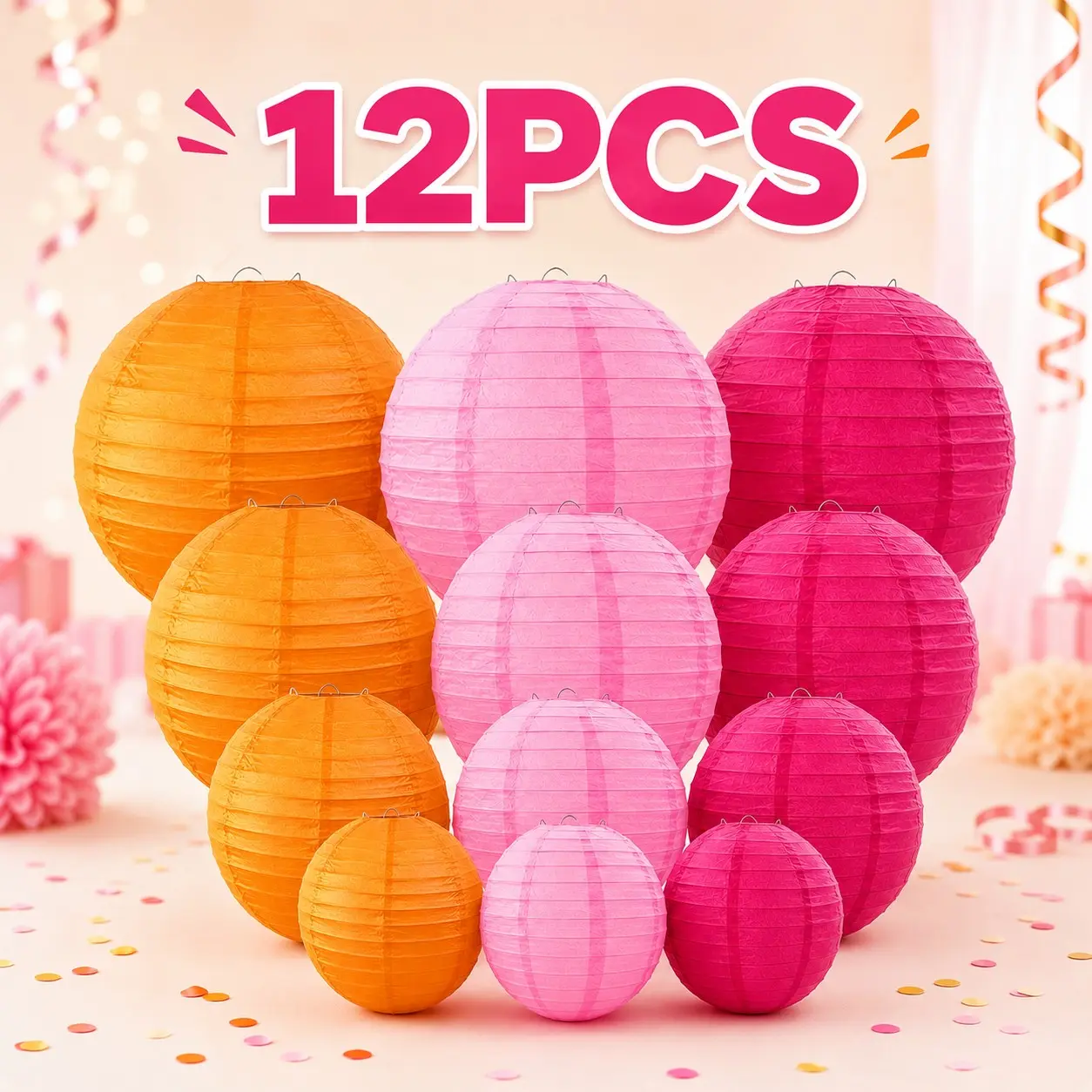 12Pcs Multi‑Size Collapsible Paper Fabric Round Hanging Lanterns Indoor Outdoor Party Decor Reusable Ornaments For Wedding Birthday Bridal Shower Festival