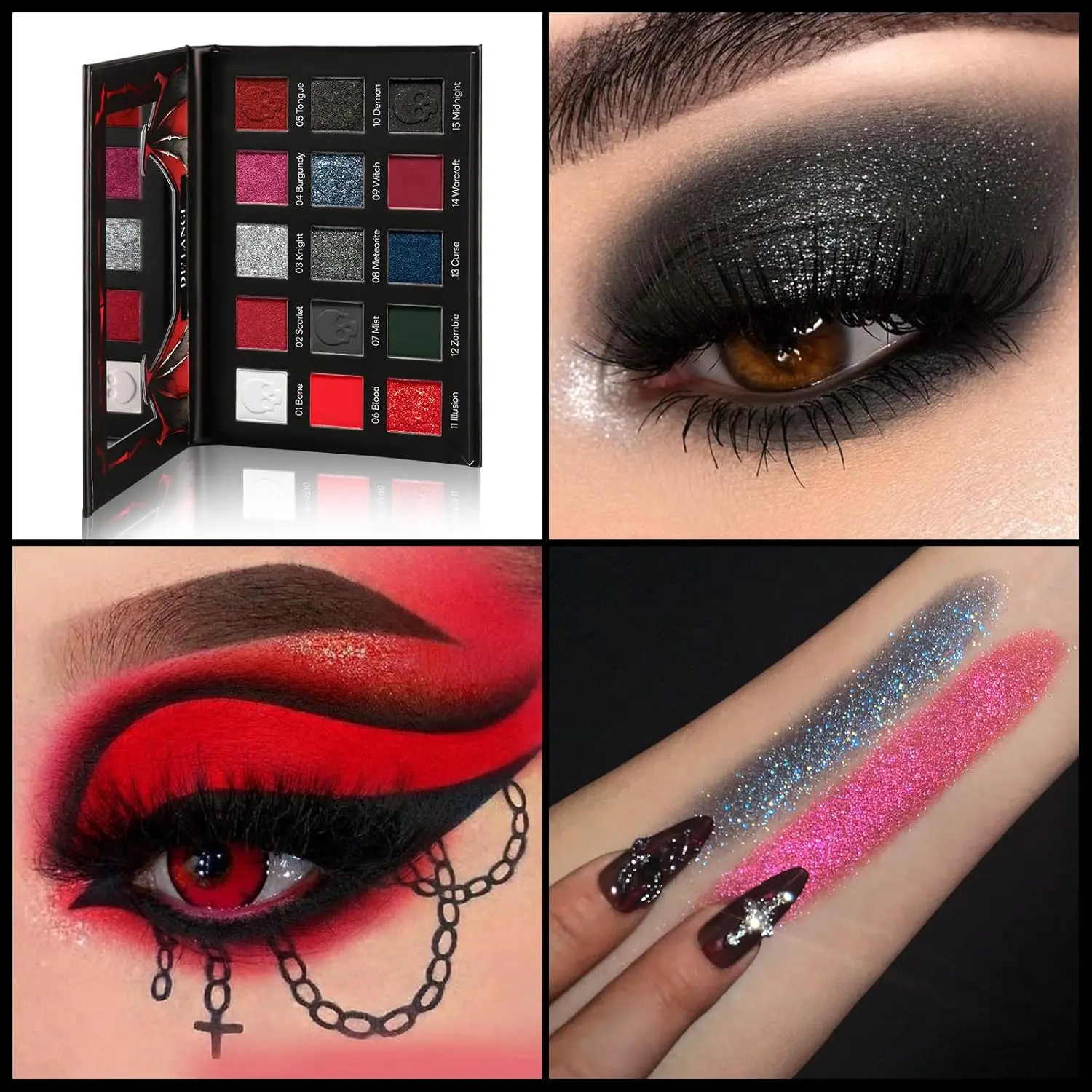 Red & black eyeshadow palette with black-silver glitter. Burgundy smoky and creamy matte shades. Matte Shimmer Eyeshadow Perfect for gothic, clown, vampire looks on Halloween and Christmas
