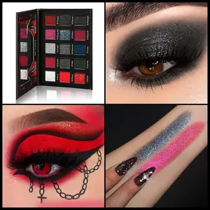 Red & black eyeshadow palette with black-silver glitter. Burgundy smoky and creamy matte shades. Perfect for gothic, clown, vampire looks on Halloween and Christmas