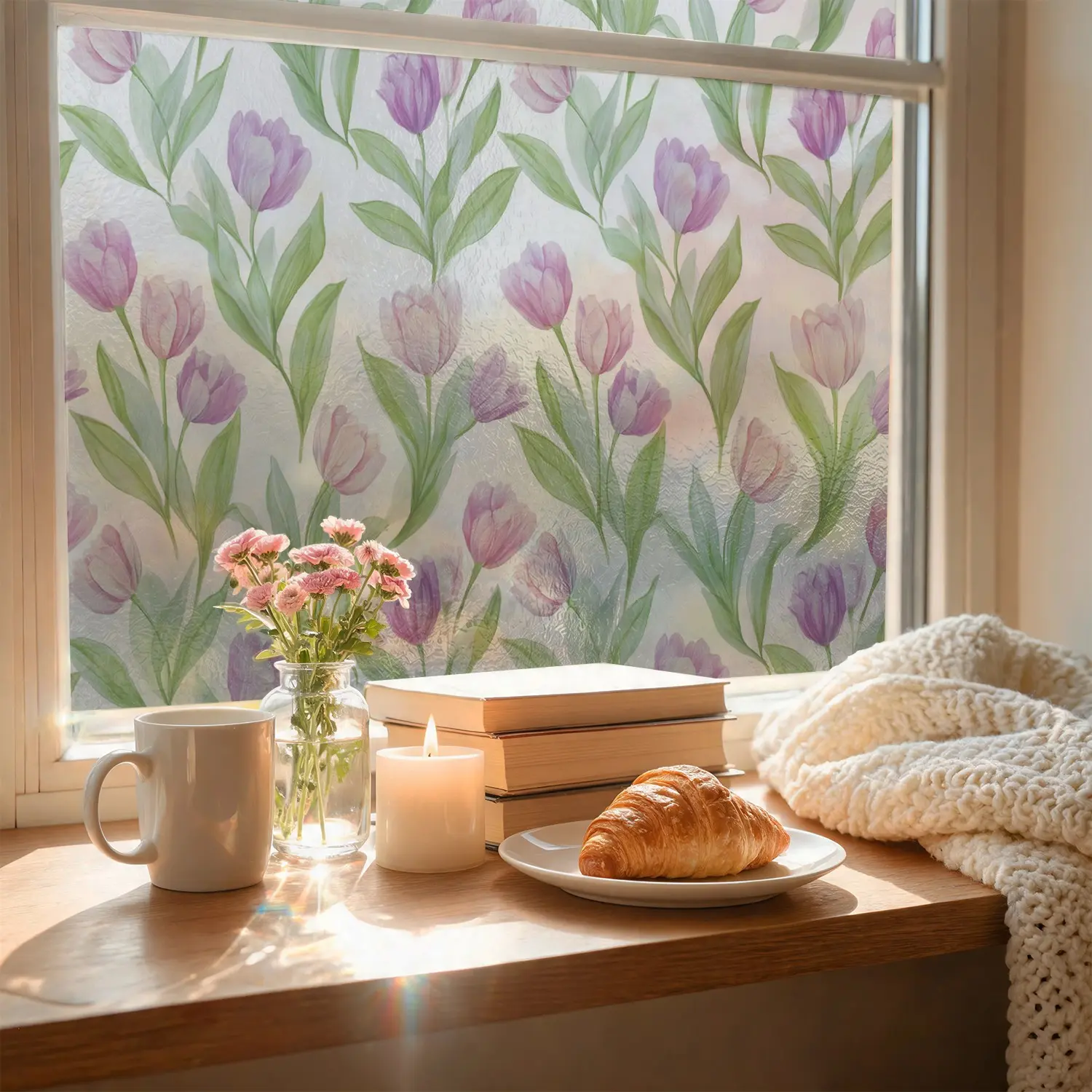 Tulip Glass Film, Privacy Translucent Static Cling, Bathroom Window Anti-Eavesdrop Artistic Decor, Wave Pattern Art Decal, 1 Roll PVC