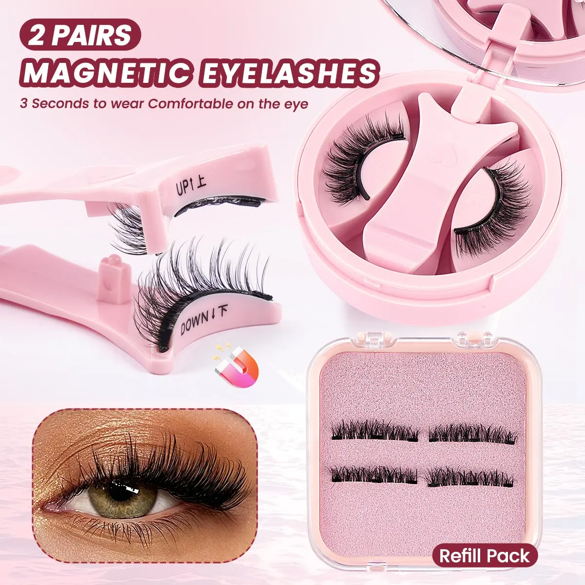 MAANGE 3 Pairs Magnetic Eyelashes Set with Applicator Tool, Soft Curl Magnetic Lashes, No Glue Needed, 3 Seconds Wear, Reusable Natural Volume Fake Lashes, Volumized False Eyelashes, Magnet Lash Set for Daily & Party Eye Makeup