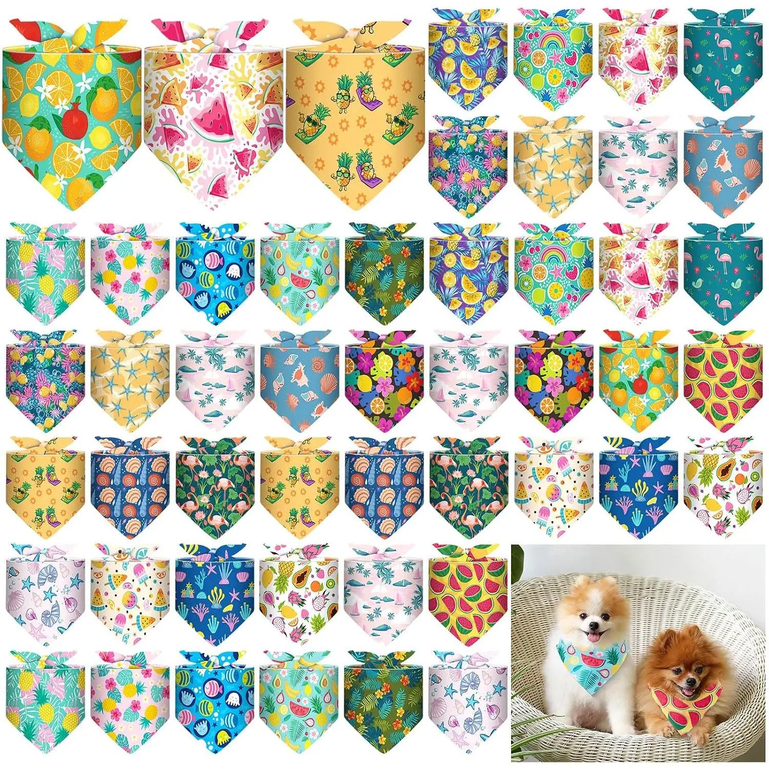 48 count  Bandana Bulk Summer Scarf Washable  Dogs Bibs Adjustable Washable Kerchief Puppy Bandana for Small and Large Party  Bandanas Handkerchief Hawaii Beach Scarf Accessories
