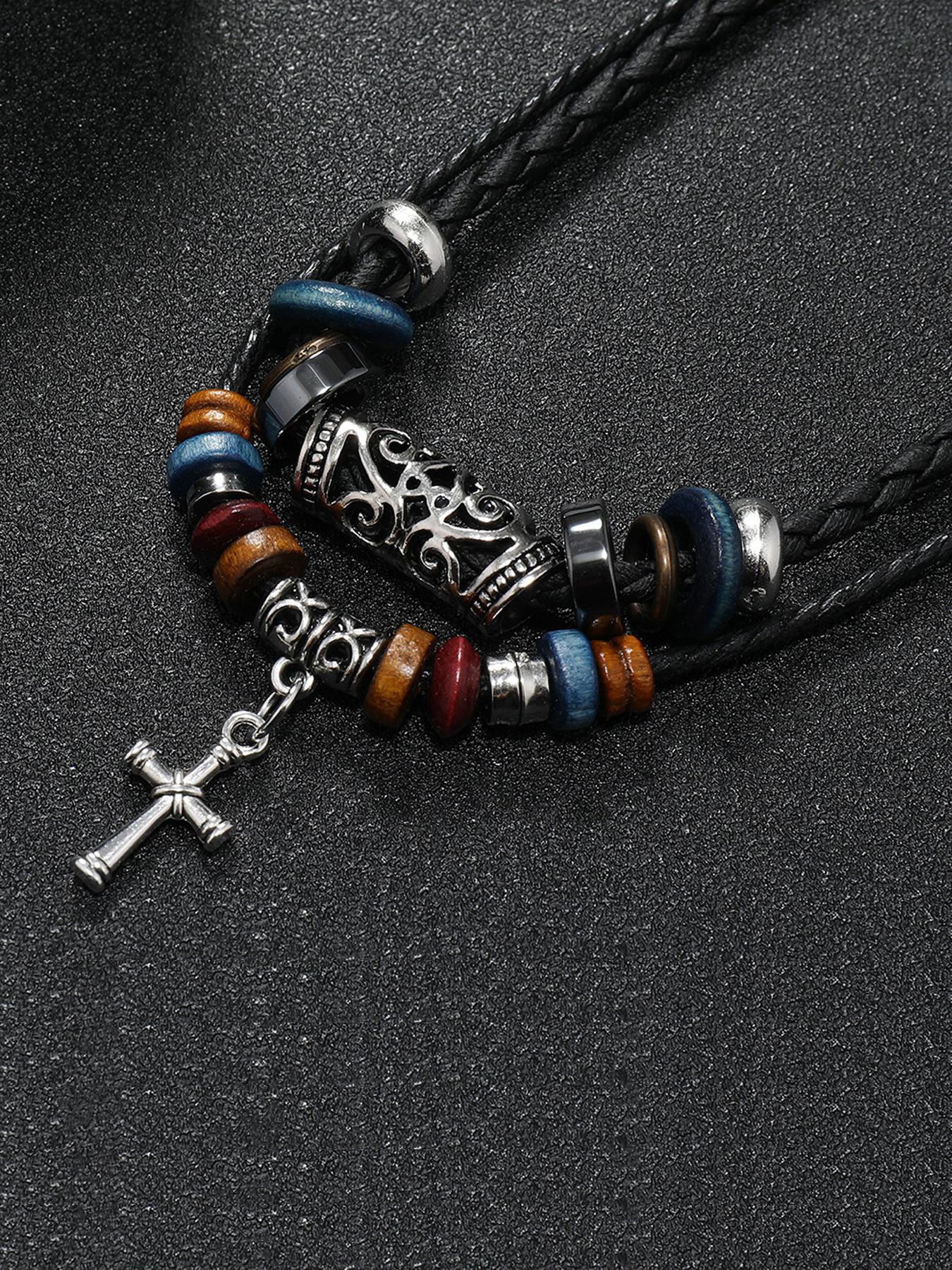 Unisex Boho Style Drawstring Layered Beaded Necklace, Trendy Chic Vintage Retro Necklace, Gorgeous Jewelry As Birthday Gift for Girlfriend & Boyfriend, Cross Charm Necklace