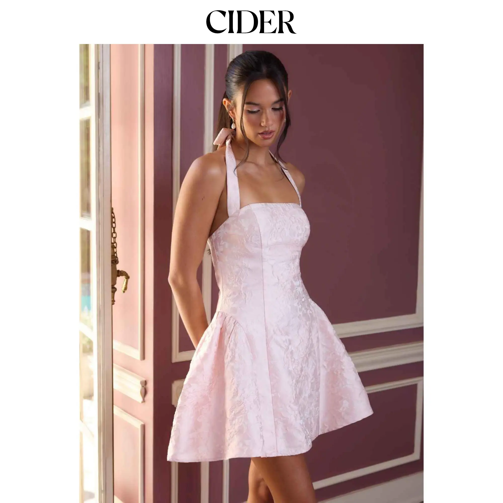 Cider Jacquard Halter Neckline Floral Bowknot Ruched Flared Mini Dress SummerFinds