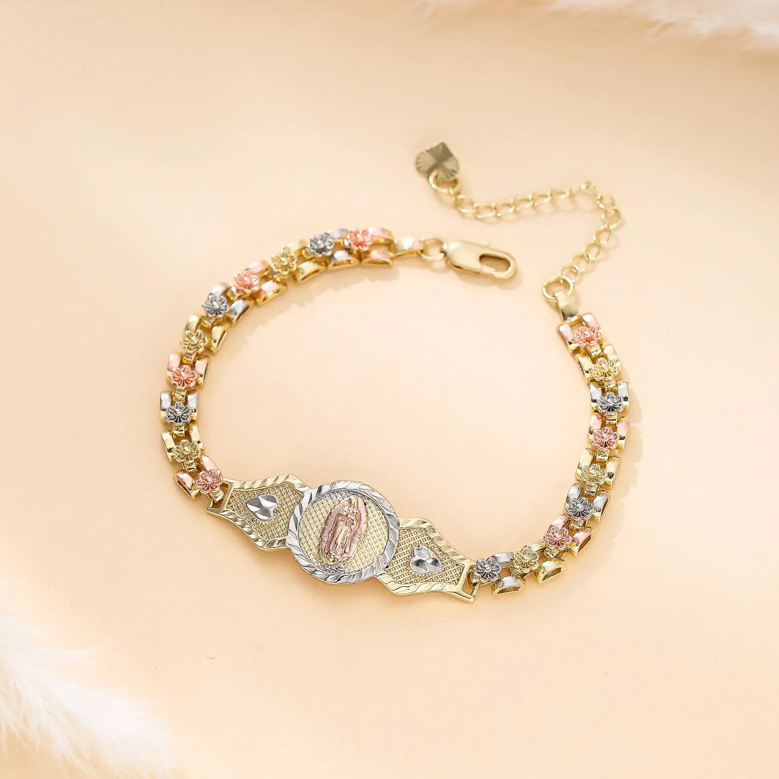 Tri-Color Floral Link Bracelet for Women, Gold-Tone Alloy Religious Jewelry with Virgin Mary Charm, Adjustable Chain
