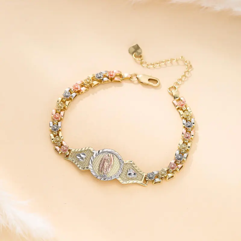 Women's Christian Religious Tri-Tone Floral Link Chain Bracelet with Virgin Mary Charm, Pull-On Adjustable Fit, Female Spiritual Costume Jewelry,sohochic