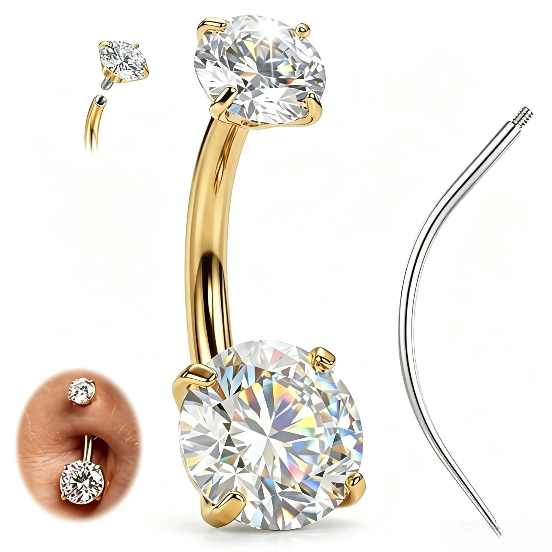 14K Gold Plated Titanium Belly Button Ring Gold/Silver 14G 6mm 8mm 10mm 12mm 14mm 16mm G23 Belly Button Piercing Bar with Insertion Piercing Taper Internally Threaded Navel Body Piercing Jewelry Set